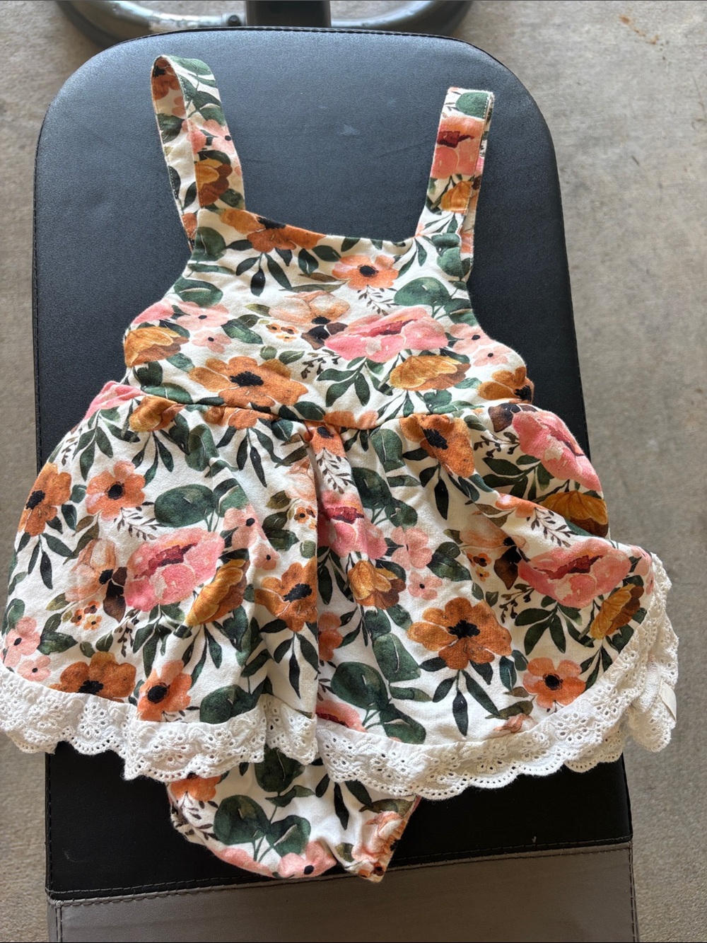 Floral Lace-Trim Cream Baby Romper with Pink, Orange & Green
